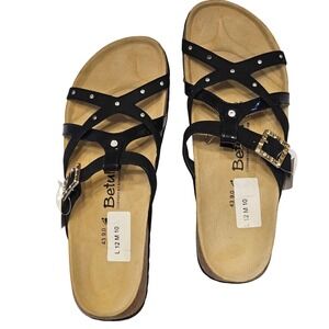 Betula by Birkenstock Vinja NWT Women 12 Black Leather Rhinestone Strappy Sandal